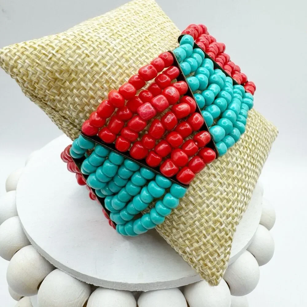 Coral Turquoise Glass Seed Bead Color Block Stretch Bracelet Boho Southwest
